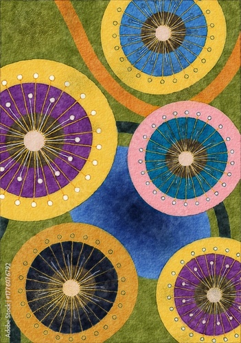 A pattern of circles with different colors and sizes, some with white dots around the perimeter.