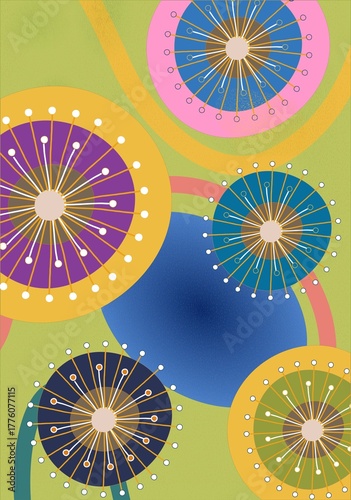 A pattern of circles with different colors and sizes, some with white dots around the perimeter.