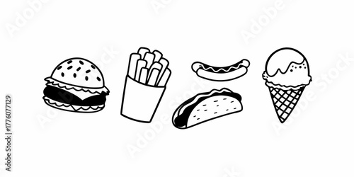 Illustration of a burger, fries, hotdog, taco, and ice cream in a simple black and white style