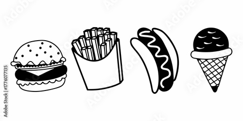 Illustration of a burger, fries, hotdog and ice cream cone in black and white doodle style drawing