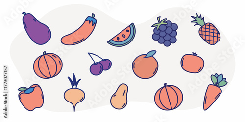 Illustration of various fruits and vegetables including eggplant grapes and pineapple on a white background