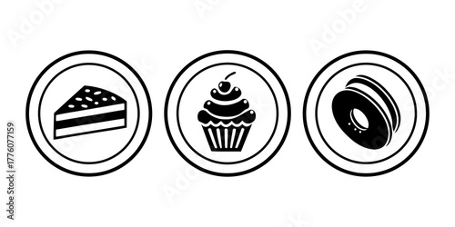 Illustration of cake slice, cupcake with cherry, and donut icons in black and white circles design