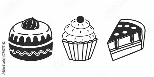 Illustration of a cake with icing, a cupcake, and a slice of cake with chocolate topping and icing