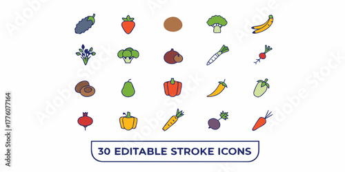 Illustration of various fruits and vegetables including eggplant strawberry and banana icon set design vector