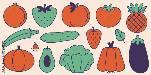 Illustration of various fruits and vegetables including tomatoes, strawberries, and eggplant on a light background