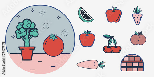 Illustration of a potted plant, tomato, watermelon, apples, strawberry, cherries, peach, and carrot