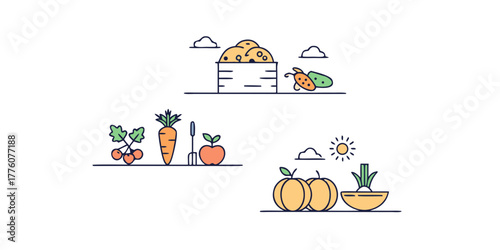 Illustration of fresh produce including potatoes in a crate carrots and apples with sun and clouds scene