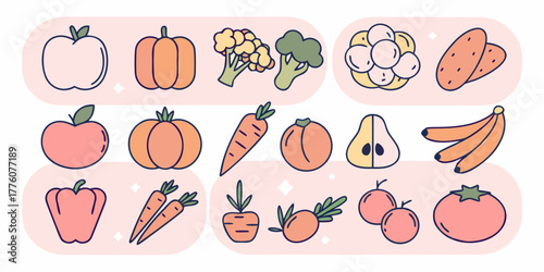 Illustration of various fruits and vegetables including apples pumpkins and bananas in a colorful design