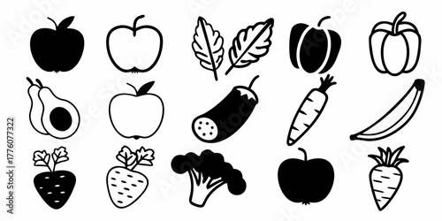 Illustration of various fruits and vegetables including apples, peppers, carrots, and leafy greens icon set