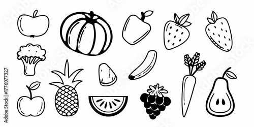 Outlined fruit and vegetables including apples, strawberries, pineapple, and more in black and white