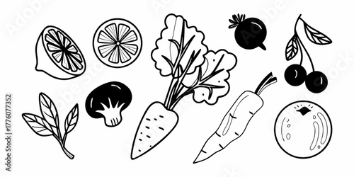 Illustration of various fruits and vegetables including lemons carrots and cherries in black and white