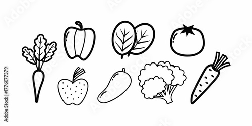 Illustration of various vegetables and fruits in a simple line drawing style on a white background