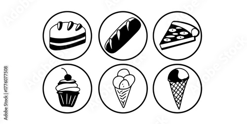 Collection of outlined food icons including bread pizza cupcake and ice cream in oval frames arranged neatly