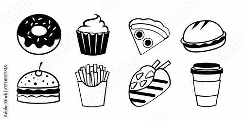 Black and white line art illustration of various fast food items including burger and pizza slice