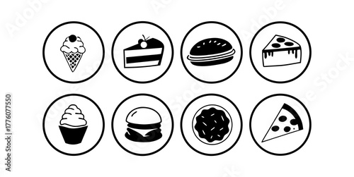 Black and white food icons featuring ice cream cake burger and pizza in oval shapes arranged in rows