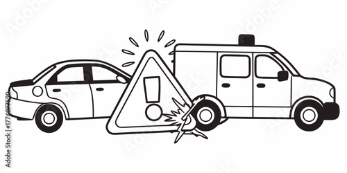 Illustration depicting a car accident with a sedan van and warning sign in black and white style