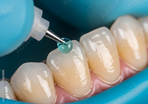 Extreme close-up of acid etch being applied to a tooth's surface before bonding.