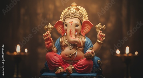 Devotional studio portrait of a Vinayaka (Lord Ganesha) idol, illuminated with warm soft lighting to highlight fine craftsmanship, ornaments, and symbolic elements