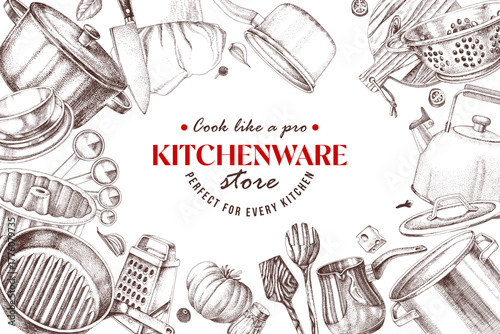 Kitchen utensils vector sketched banner