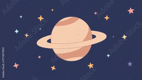 Minimal cartoon planet with rings spinning slowly under twinkling stars in a pastel space palette