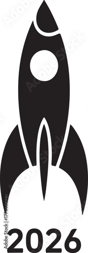 Rocket 2026 silhouette vector, minimalist space launch design, futuristic spaceship icon art