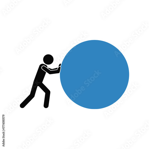 Stick figure pushing large blue circle symbolizing effort and overcoming challenges
