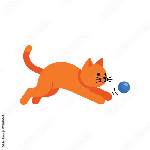 Cute orange cat pouncing playfully on a blue ball lively cartoon animal action