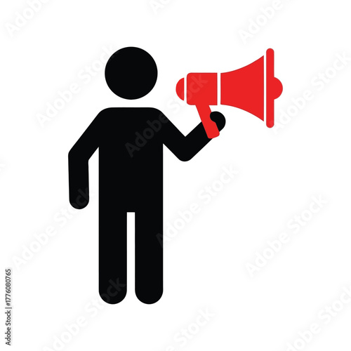 Person holding red megaphone announcing important message or information clearly
