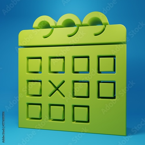 Green Calendar fitness icon isolated on blue background. Training schedule. Minimalism concept. 3D render illustration