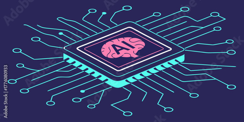 Artificial intelligence logo with neural circuit design, symbolizing smart computing and advanced digital chip technology, flat vector style.