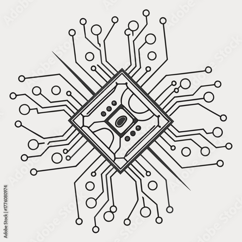 Artificial intelligence microchip icon with electronic circuit pattern, flat design representing modern AI systems and neural computing.