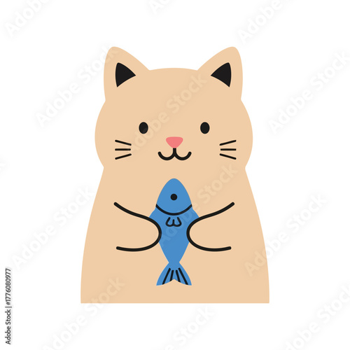 Cute cartoon cat holding a blue fish with paws illustration for pets and animal lovers
