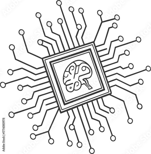 AI technology logo in line art circuit style, representing smart computing, machine learning, and innovation in artificial intelligence.