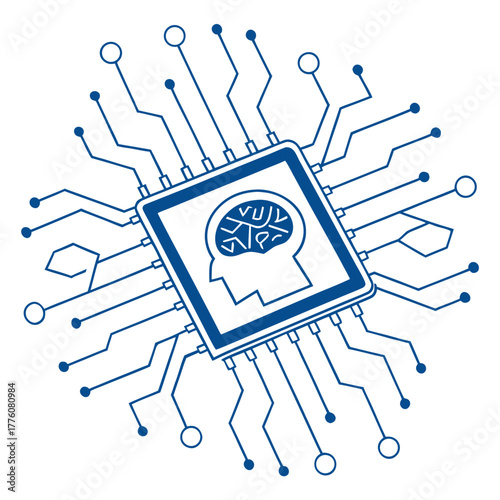 Vector illustration of AI processor on motherboard, flat icon style symbolizing artificial intelligence and digital machine learning.