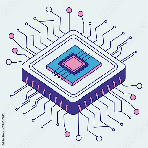 Machine learning and AI processor logo in circuit board style, modern flat vector design symbolizing smart technology innovation.