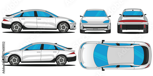 Sedan EV car vector. Car mockup illustration of a sedan EV. Isolated on white background, With side, front, rear and top views