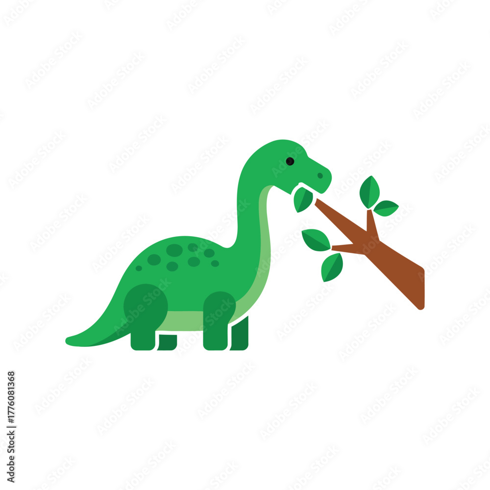 Obraz premium Cute green dinosaur enjoying eating leaves from a tree branch