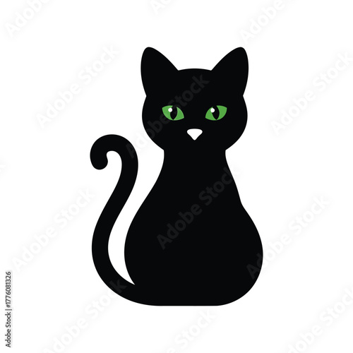 Sleek black cat sitting gracefully with bright green eyes adorable pet companion