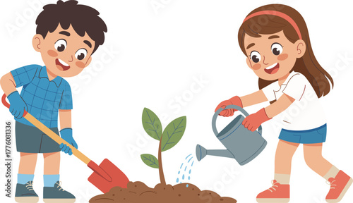 Children gardening together, teamwork in nature, planting outdoors, kids with shovel and watering can, environmental care, happy children, spring activity, soil work
