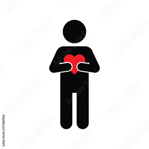 Symbolic figure holding a red heart outward symbolizing love and care for others