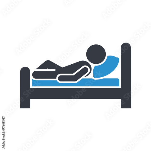 Simple icon of a person sleeping in bed with blue pillow and mattress