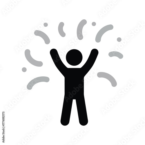 Joyful person with arms raised celebrating success and happy moments surrounded by confetti