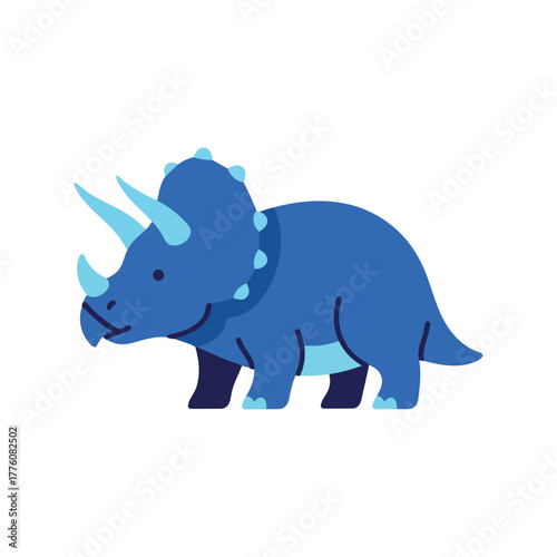 Cute blue triceratops dinosaur standing with three horns and frill simple cartoon