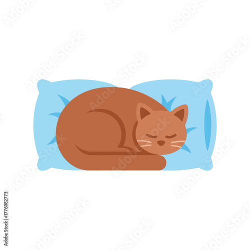 Adorable ginger cat peacefully sleeping curled up on a light blue pillow