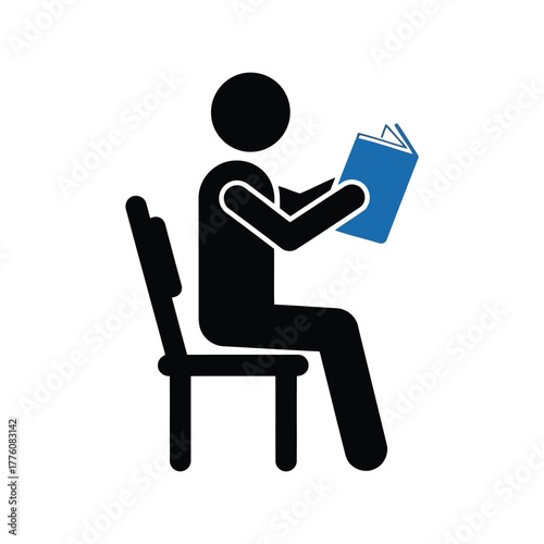 Simple icon of a person sitting on a chair reading an open blue book