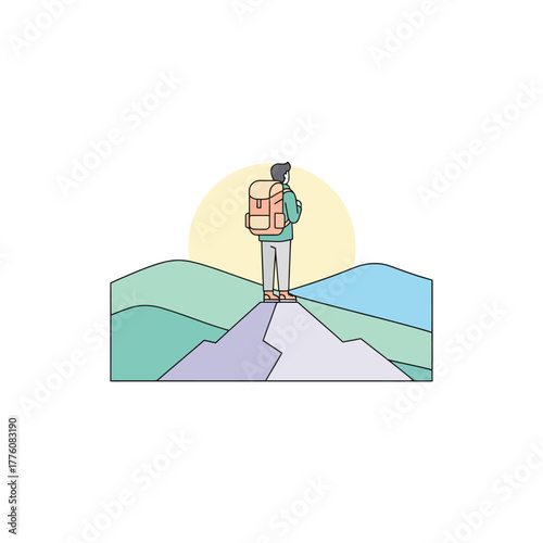 Minimalist illustration of a person with a backpack standing on a mountain peak at sunrise or sunset, looking at the horizon.