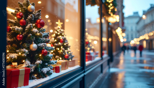 Retro American Christmas shopping scene in a vintage department store during the holiday season