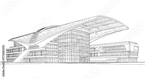 Futuristic transport hub building architecture vector line art illustration.