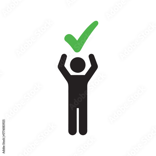 Silhouette of person holding up a green checkmark symbol of success and achievement