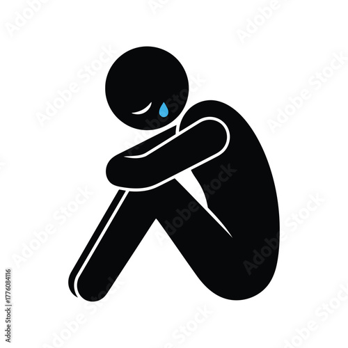 Sad stick figure crying tears of sadness and despair overwhelming emotions symbol